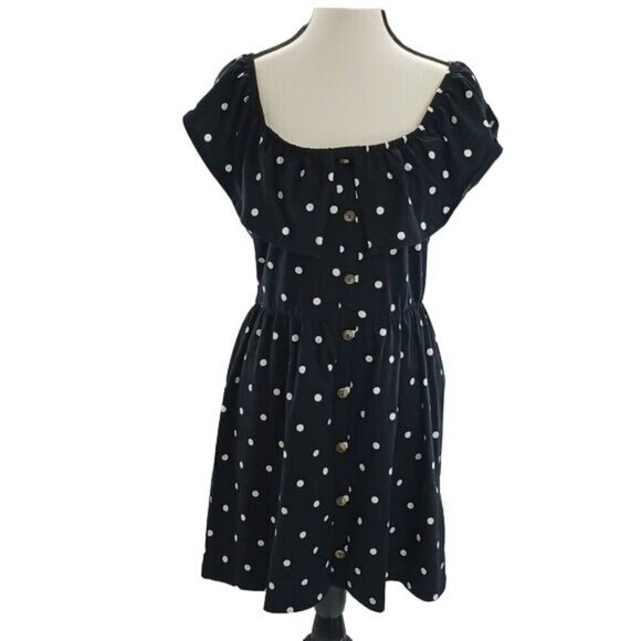 ASOS Dress Womens Size 10 Black White Polka Dot Off Shoulder Ruffle Button Front - Picture 1 of 7